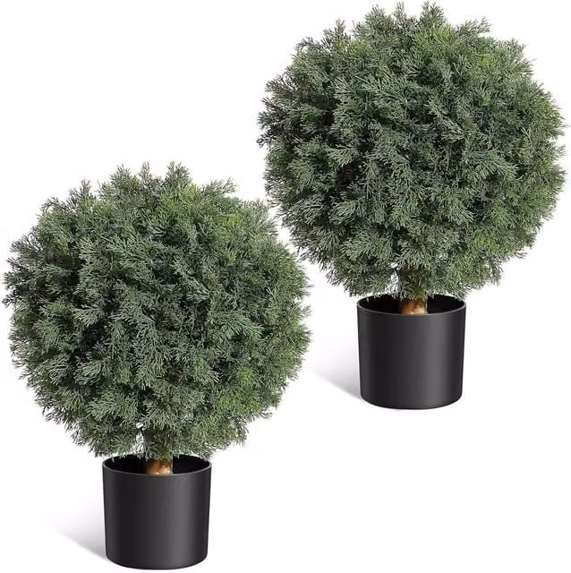 VOGREX Set of 2 Green Artificial Cedar Topiary Ball Trees, UV Resistant, Height: 43.18 cm