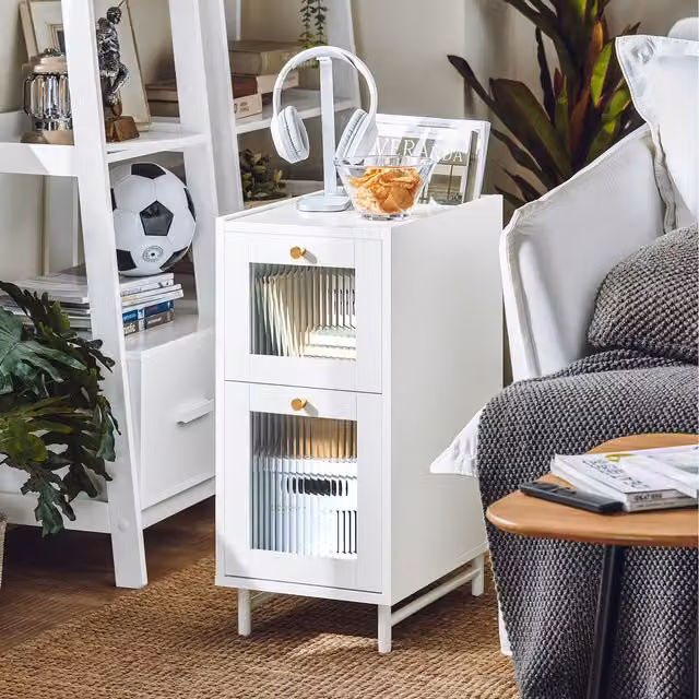SoBuy Modern White Glossy Bedside Table with 2 Glass Drawers