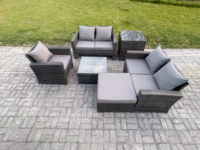 Fimous Modern Polyrattan Garden Furniture Set in Dark Grey with Lounge Armchair, Coffee Table, Ottoman and Cushions