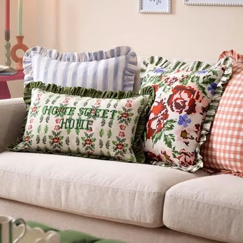 furn. Feeoni Ruffle Floral Cotton Decorative Cushion in Willow Green, Multicolour, W/D/H: 43 x 43 x 43 cm – 5