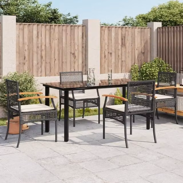 Berkfield Home 5 Piece Modern Black Poly Rattan Garden Dining Set with Cushions – 1