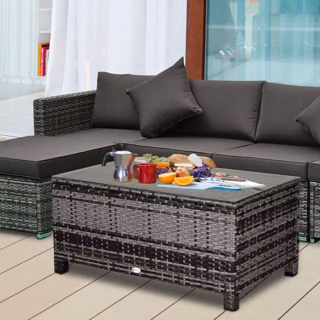 Outsunny Modern Rattan Garden Coffee Table in Mixed Grey and Brown with Glass Top, W/D/H: 39 x 39 x 39 cm