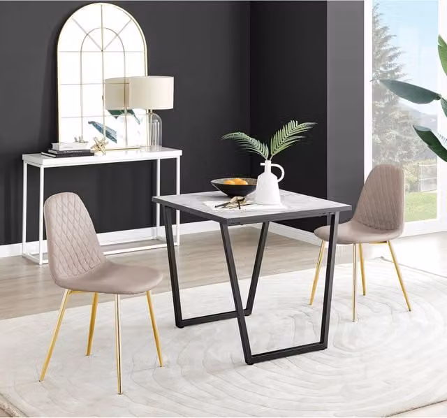 FurnitureboxUK Carson White Marble Effect Square Dining Table and 2 Corona Gold Leg Chairs in Cappuccino