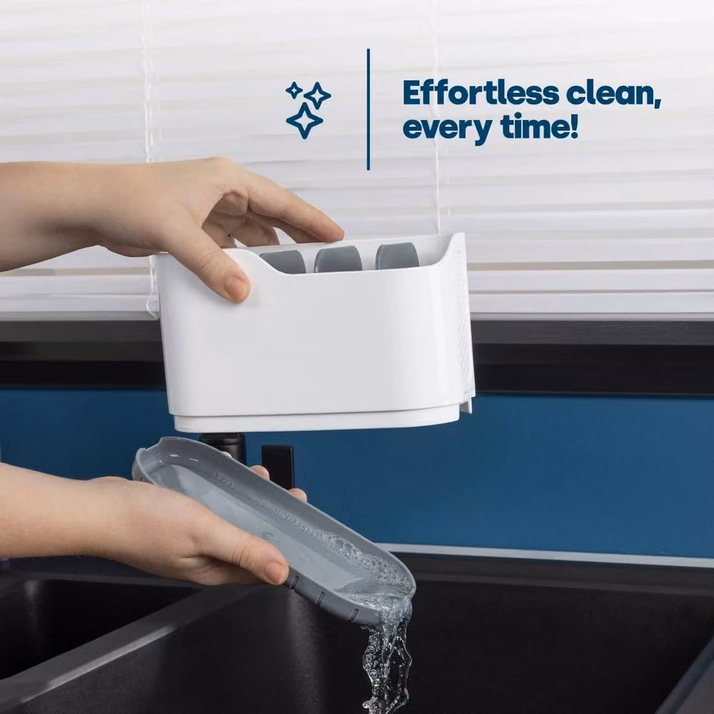 NESTLUNE White Plastic Bathroom Sink Caddy with Soap Pump, Sponge Compartment and Drainage – 3