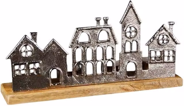Four Candle Metal Townscape Tealight Holder in Silver