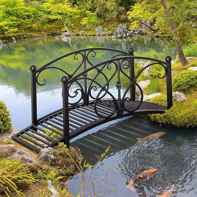 OUTSUNNY Decorative Metal Garden Bridge with Railings for Creek or Pond in Black – 1