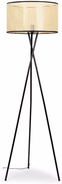 ValueLights Camden Tripod Floor Lamp with Natural Cane Drum Shade in Black