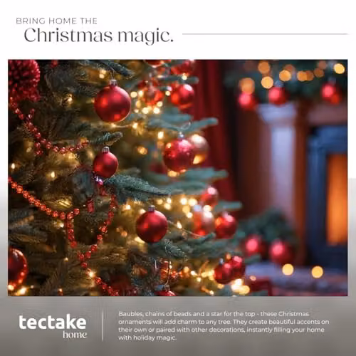 tectake 86-Pack Christmas Baubles Set with Star and String of Beads in Red and Gold – 7