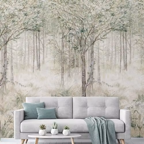 Grandeco Fairytale Trees Green 3 Lane Repeatable Vinyl Mural W: 280 cm, H: 159 cm