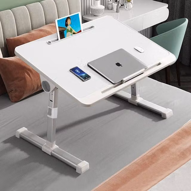 PAWNORA White Height Adjustable Bed Tray Table with Tilting Top and MDF Laminate Finish