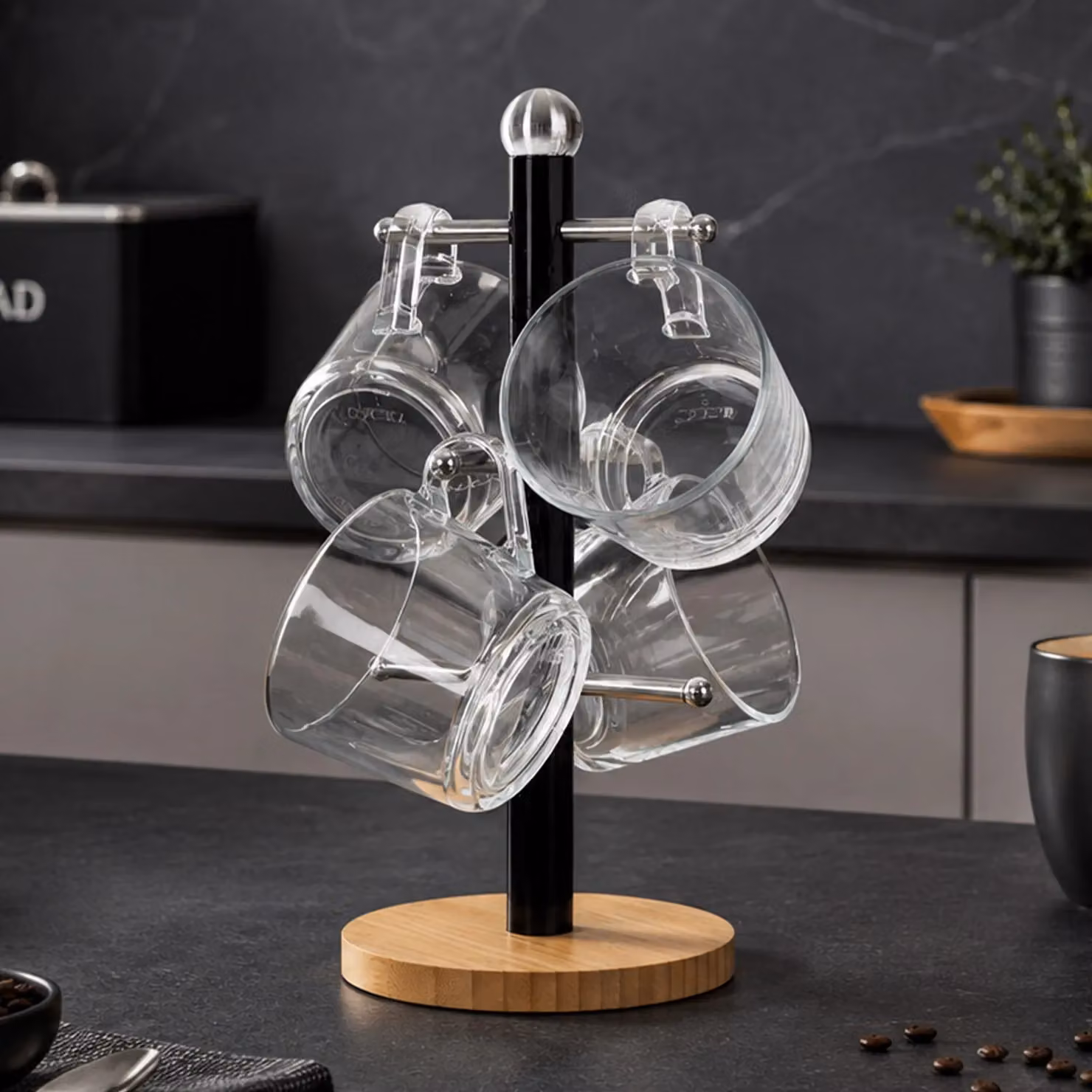 Royalford Black Mug Tree with 6 Hooks and Bamboo Base – 2