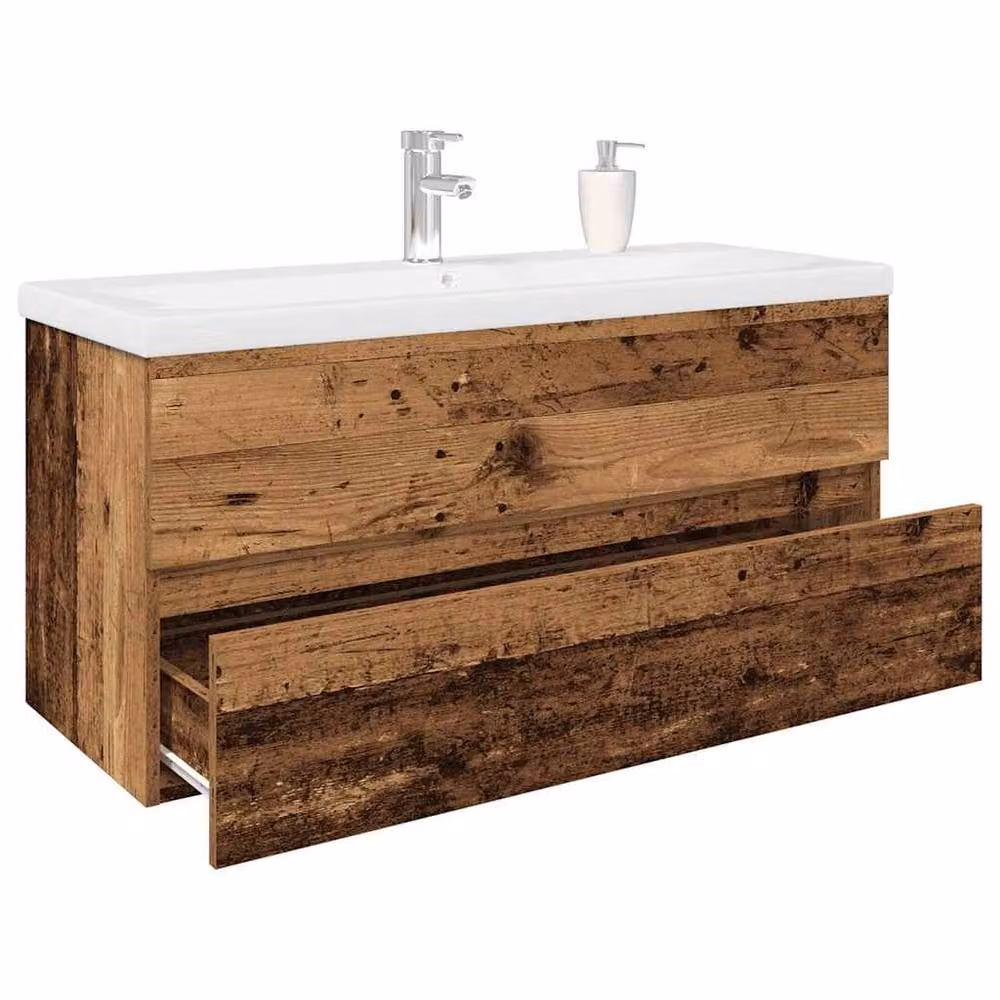 Berkfield Home Wall Mounted Rustic Sink Cabinet with Built-in Basin and Faucet in Brown Old Wood – 2