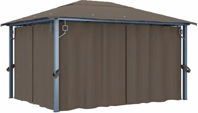 Berkfield Home Aluminium Gazebo with Curtains and LED String Lights, Taupe, W: 400 cm, D: 300 cm, H: 270 cm – 1