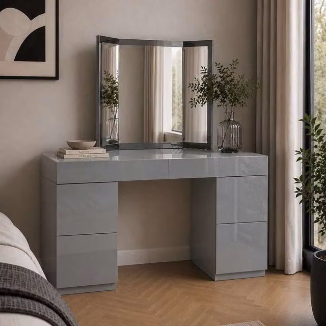Birlea Liberty 6 Drawer Dressing Table with Tri-Fold Mirror and Grey Glass Top in Grey