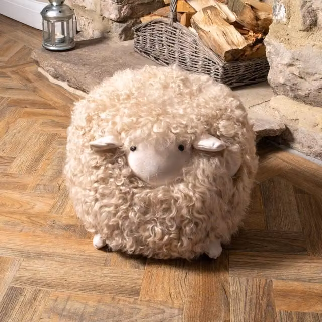 Native Natural Shearling Lamby Ball Childrens Stool in Beige and White