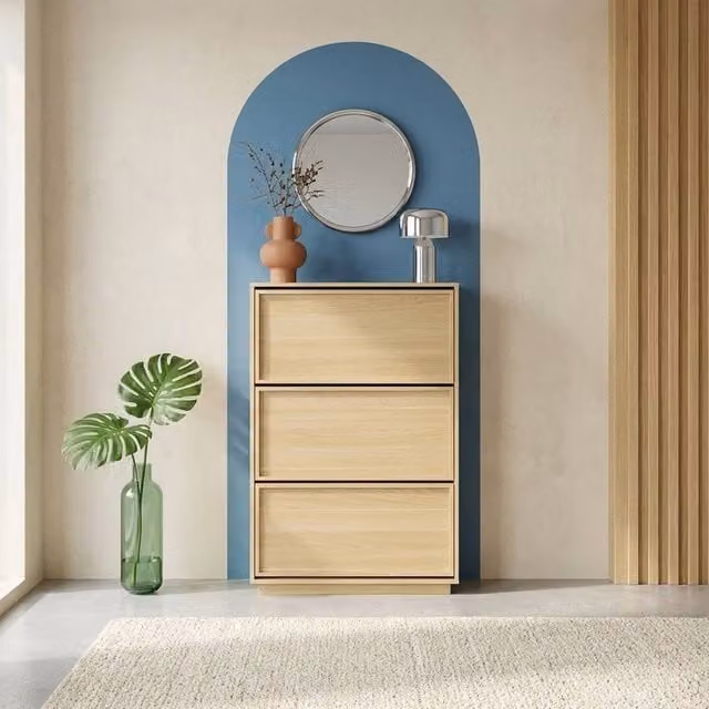 sweeek Modern Wood Shoe Cabinet in Beige with 3 Tilting Compartments, W/D/H: 120 x 26 x 75 cm