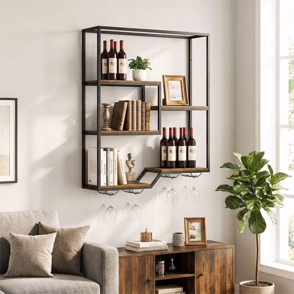 Kelvenix 5-Tier Industrial Wall Mounted Wine Bottle Display Shelf with 4 Glass Holders in Brown – 3
