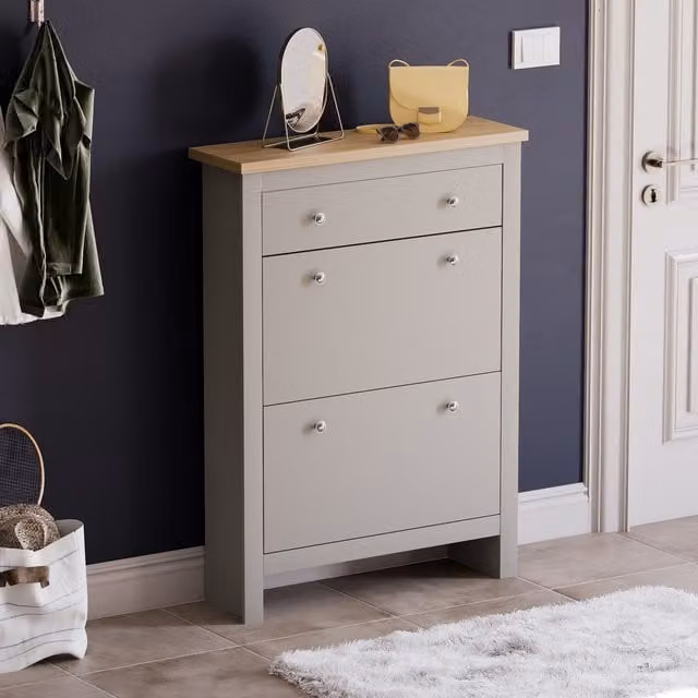 Vida Designs Arlington Modern Grey Wood Shoe Cabinet with Tilting Compartments and Internal Drawers