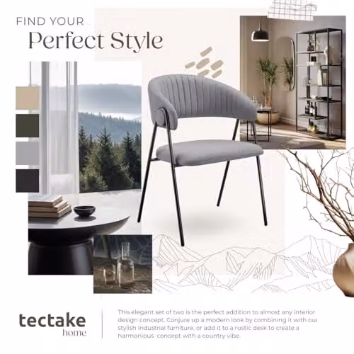 tectake Bedano Set of 2 Dining Chairs in Grey with Fabric Upholstery and Metal Legs – 6