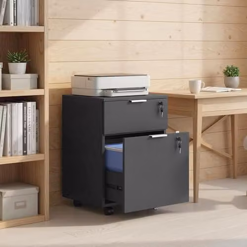 HOMCOM 2 Drawer Mobile Filing Cabinet with Lock and Castors in Black – 9