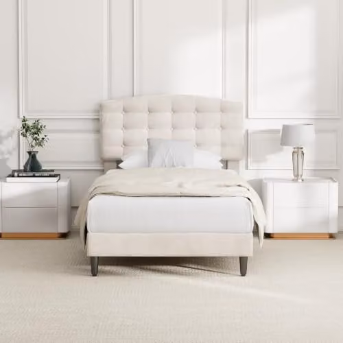 MCC Direct Cheyenne Single Velvet Upholstered Bed Frame in Beige, W/D/H: 90 x 190 x 105 cm – 1