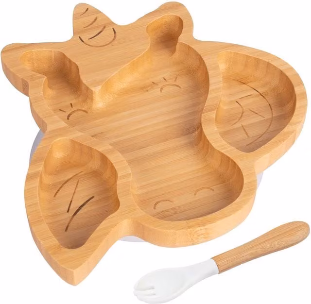 Tiny Dining Bamboo Unicorn Baby Weaning Plate and Fork Set in White