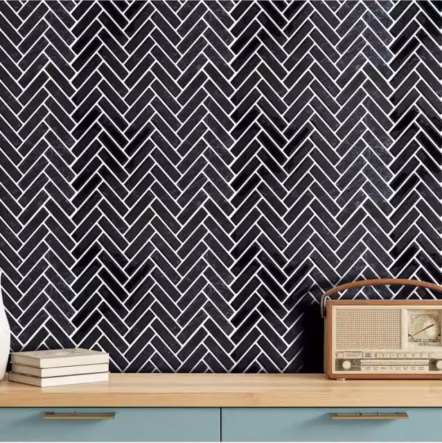 Living and Home 10Pcs Self-Adhesive 3D Herringbone Tile Look Wall Stickers, Black