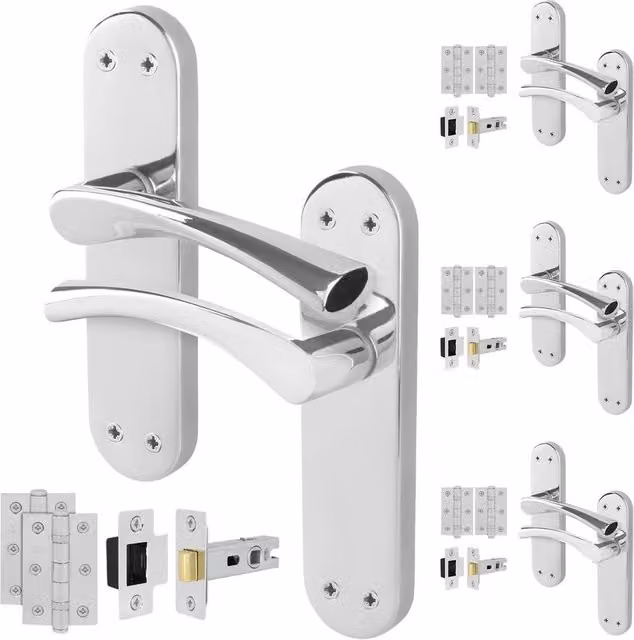 AFIT Chrome Twist Handle Latch Hinges Set with Novi Backplate, Metallic Silver, 4 Pairs, Size: 150 x 150 mm