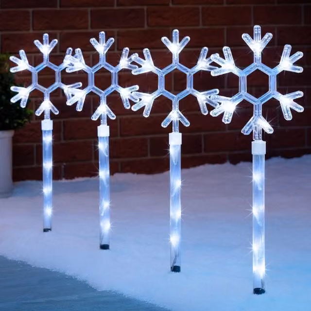 Christow Snowflake Path Lights Set, White LED Outdoor Christmas Decorations, 4 x 44 cm