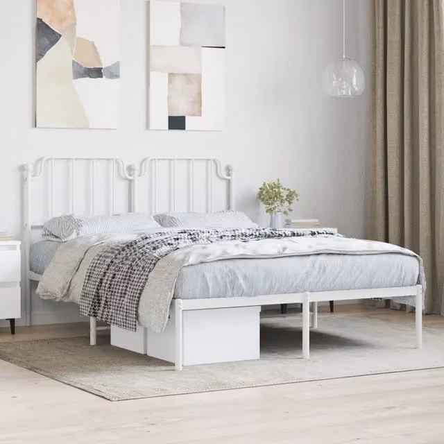Berkfield Home Metal Bed Frame with Headboard in White, W/D/H: 135 x 190 cm