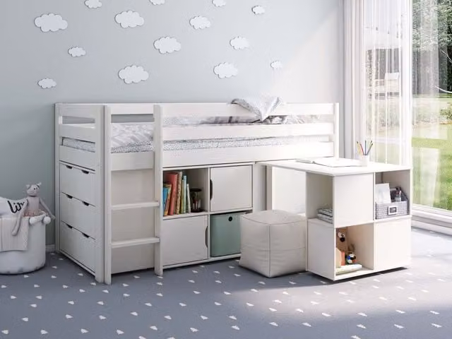 Noomi Nora Solid Wood Mid Sleeper Bed Frame and Chest of Drawers Set in White – 1