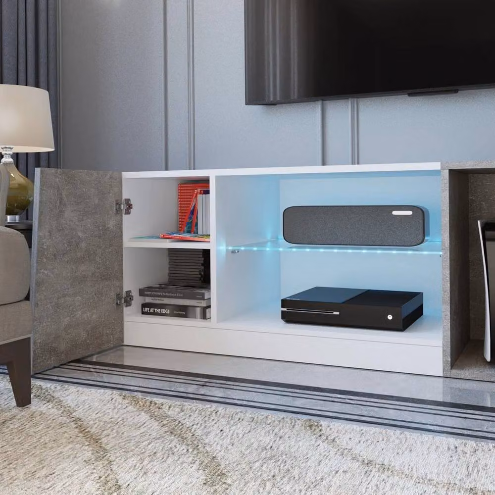 KORVIXA Modern White Glossy LED-TV Stand Cabinet with Integrated Lighting and Media Compartments W/D/H: 140 x 100 x 100 cm – 3