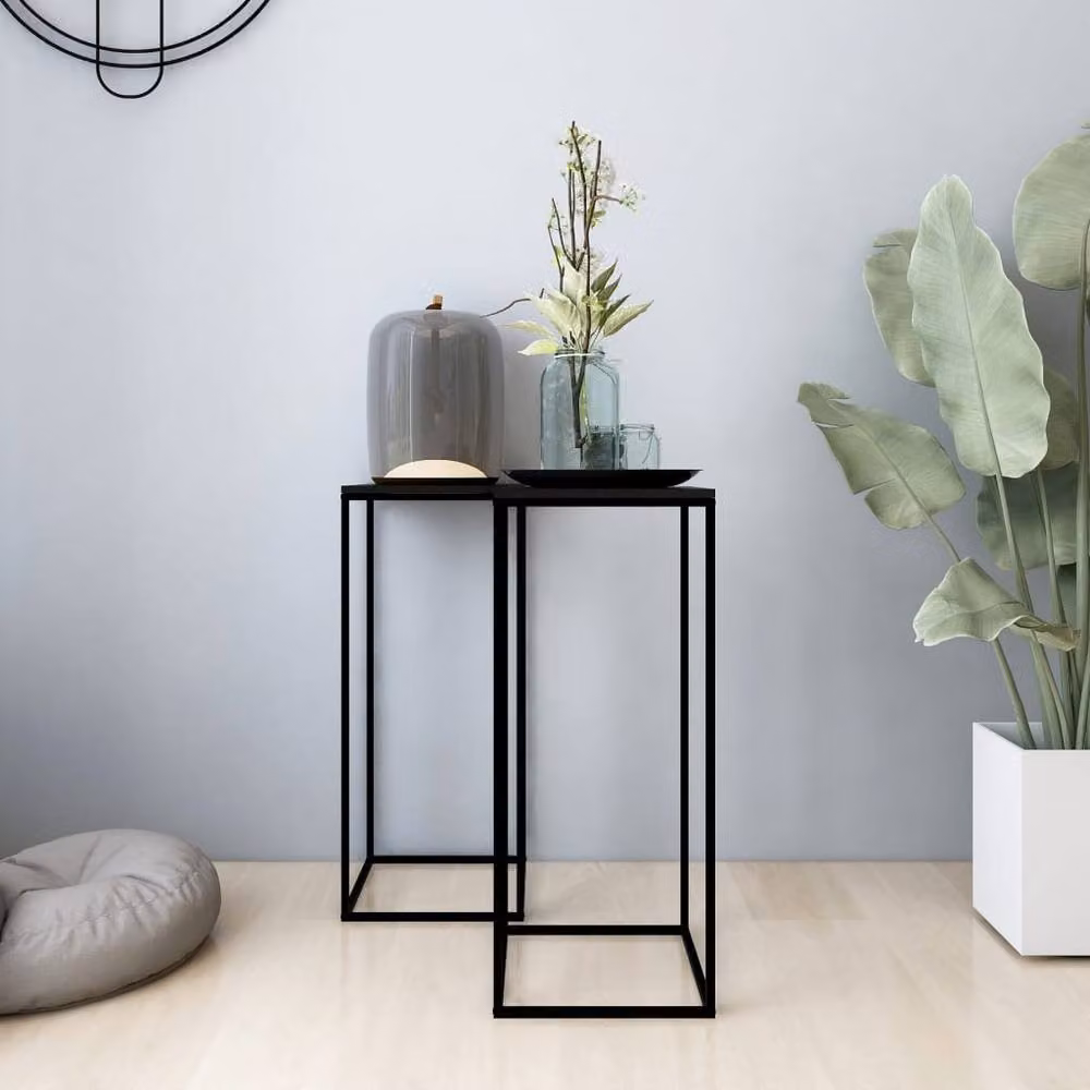Berkfield Home Set of 2 Black Nesting Side Tables with Wood Effect Tops – 2