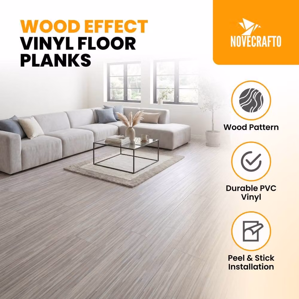 Novecrafto Self Adhesive Wood Effect Vinyl Floor Planks, Light Grey, 10 Pcs (1.39m²) – 2