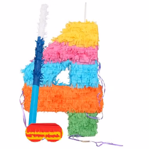 Fax Potato Number 4 Pop-Out Piñata Set with Blue Stick and Blindfold, Multicolour Cardboard Party Decoration