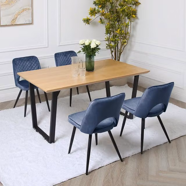 Home Garden Direct Modern Oak Veneer Rectangular Dining Set with 4 Chairs in Blue and Black
