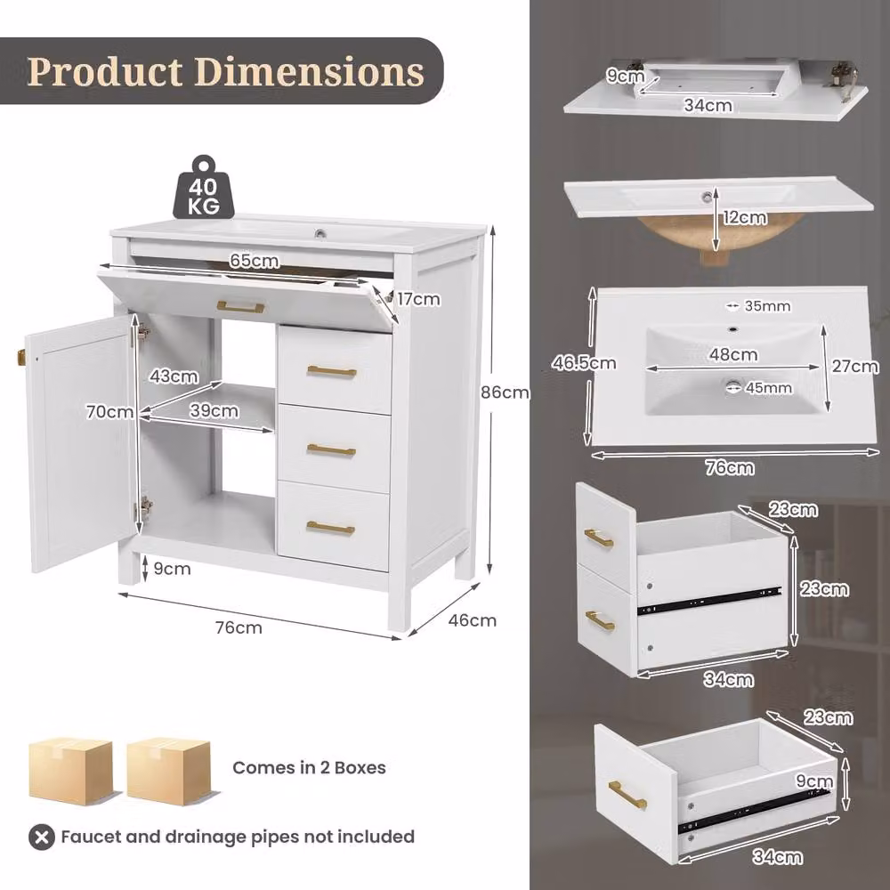 Costway Modern White Bathroom Vanity Storage Cabinet with Sink and Internal Shelves and Drawers, Width: 76 cm – 4