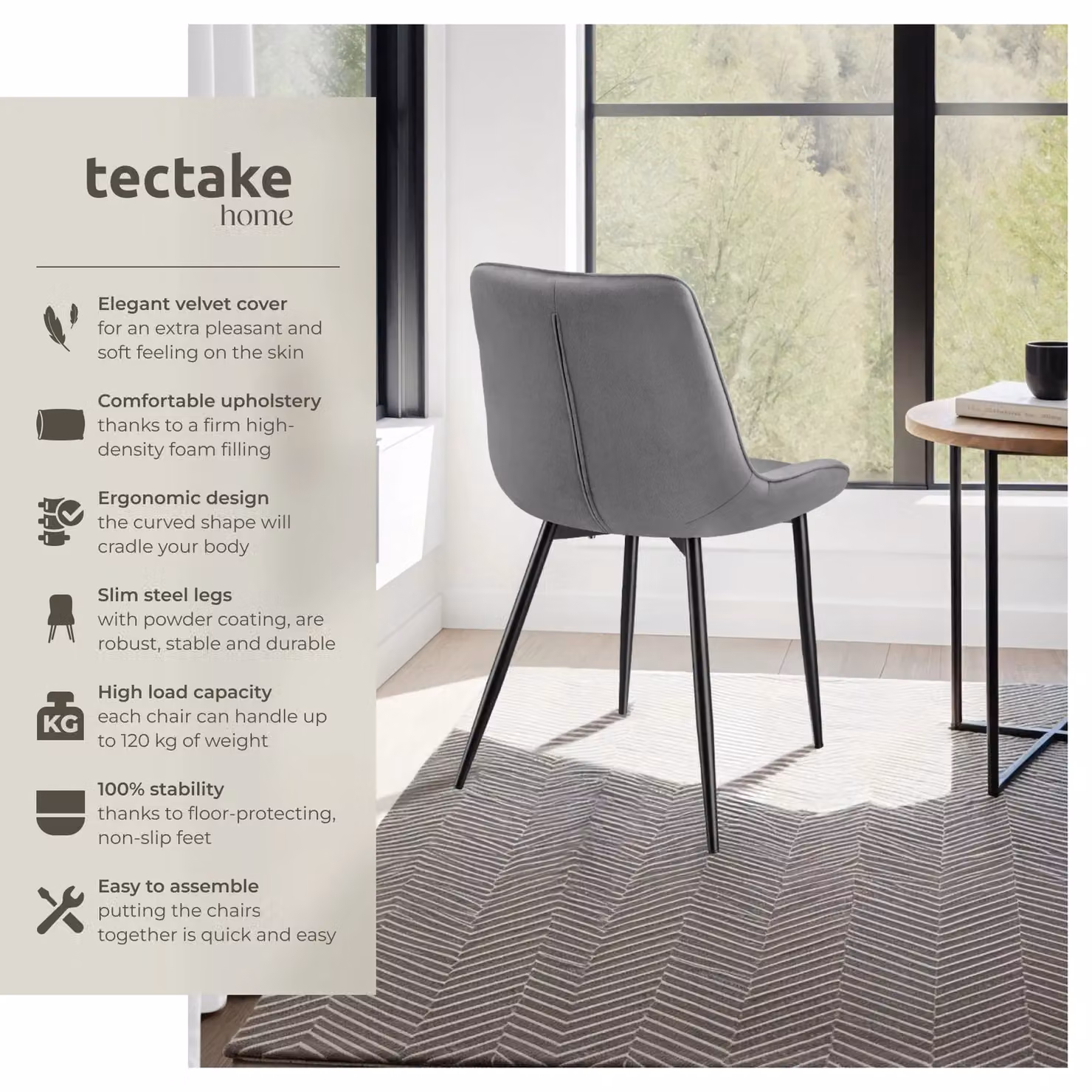 tectake Monroe Dining Chair Set of 2 in Grey Velvet Fabric – 2