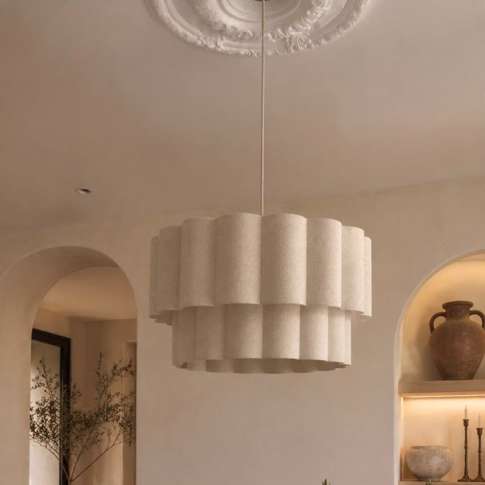 CGC Lighting Selina Scalloped Two Tier Drum Lampshade in Beige Fine Linen, Diameter: 48 cm – 2