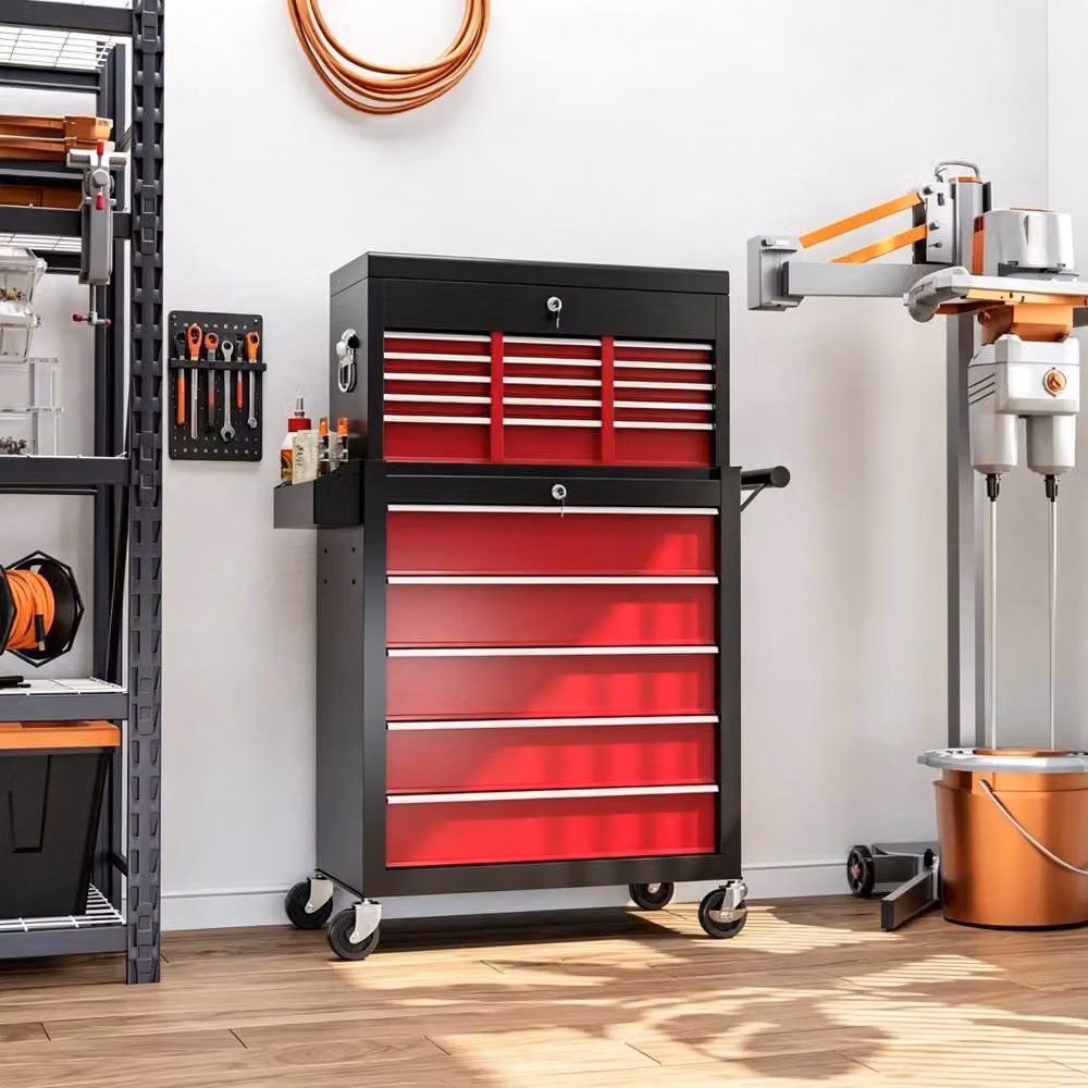 STILVORA Steel Tool Storage Chest with 14 Lockable Drawers and Wheels, Red, H 76 cm x W 60 cm x D 75 cm – 3