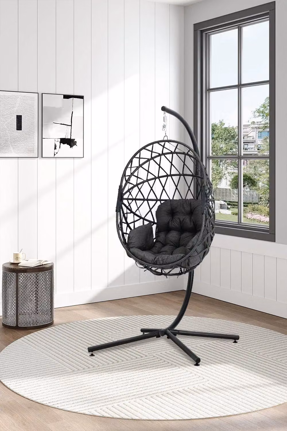 Garden Sanctuary Freestanding Woven Outdoor Hanging Chair with Cushion in Dark Grey – 2