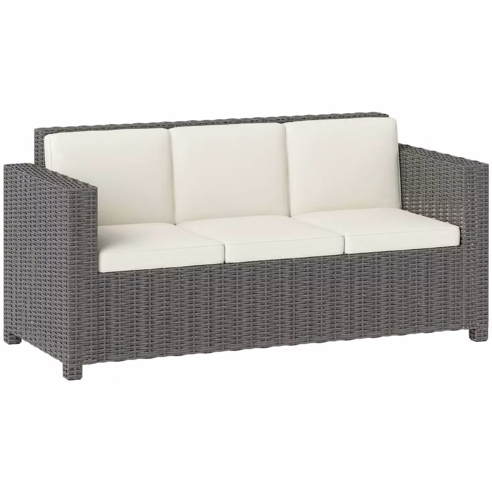 Wyld Haus Necolo 3 Seater Outdoor Rattan Sofa with Light Grey Metal Frame and Cream Cushions – 2