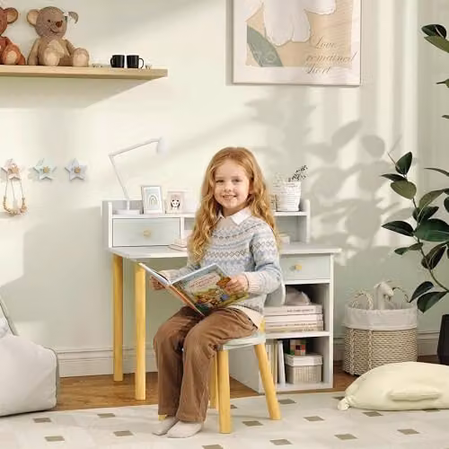 AIYAPLAY Kids Desk and Chair Set with Hutch and Drawer, Green and White, Ages 3-8 Years – 2