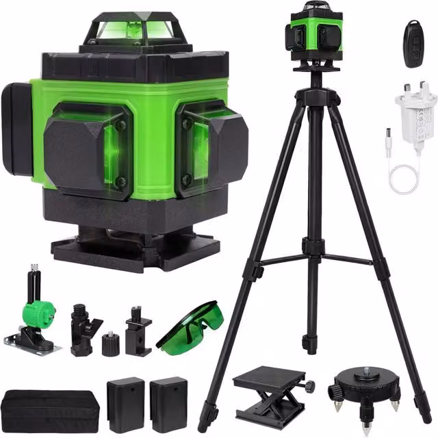 Traderight 16 Line 4D Green Cross Line Self Leveling Laser Level with Tripod, 2 x 2400mAh Rechargeable Batteries and Remote Control