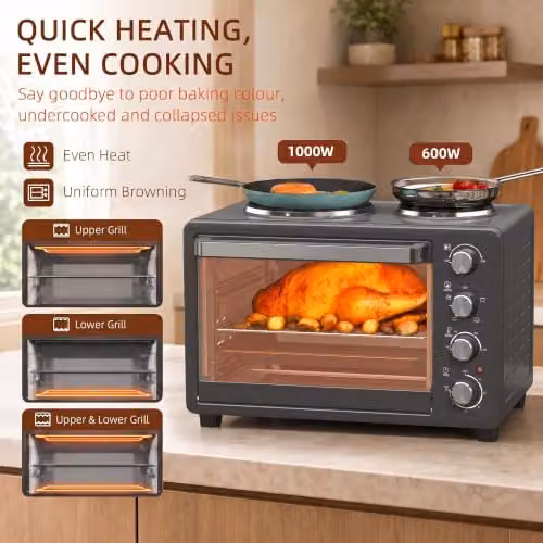 HOMCOM 28L Toaster Oven with Double Hotplate and Grill, 1600W, Black – 6