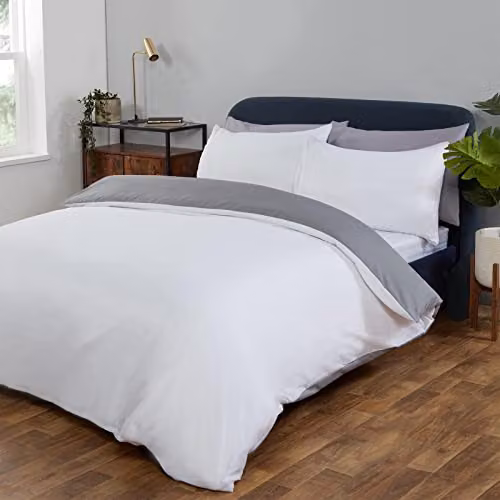 Brentfords Reversible Microfibre Single Duvet Cover and Pillowcase Set, Grey and White, W/D/H: 135 x 200 cm and 50 x 75 cm – 2
