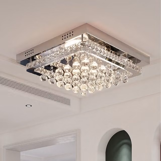 Komore Square Crystal LED Flush Mounted Ceiling Light in White and Chrome