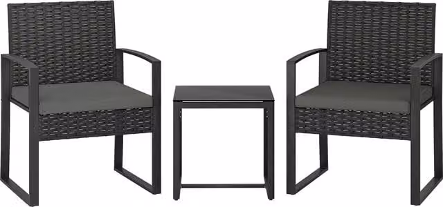 Outsunny 3 Piece Rattan Bistro Set with Glass Top Table and Cushions in Grey – 1