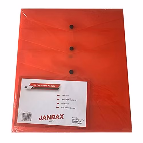 Janrax Pack of 60 Red A4 Plastic Document Wallets