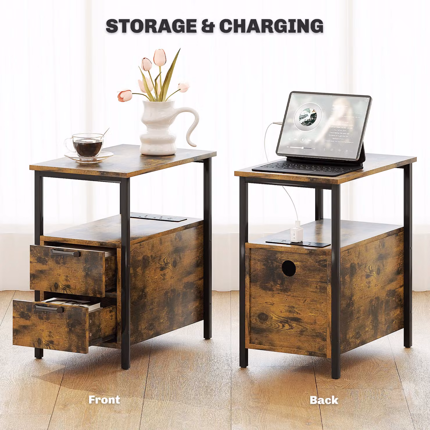 HOMCOM Side Table with Charging Station and Media Compartments, Rustic Brown – 4